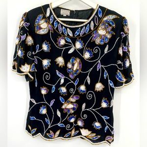 Vintage Stenay Sequin & Beaded Top 80s 90s Sequin Top 100% Silk Size Large